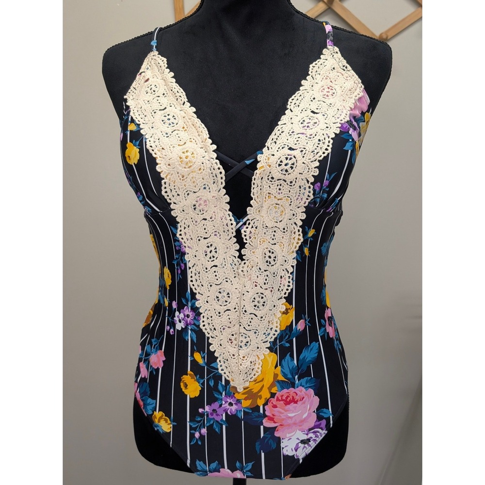 Cupshe Floral Stripe Lace V-Neck One Piece Swimsuit Black Pink Yellow Large NWT